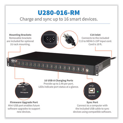 Tripp Lite 16-Port USB Charging Station with Syncing Function, 16 Devices, 13.7 x 21.1 x 4.2, Black, Ships in 7-10 Business Days (U280016RM)