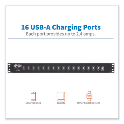 Tripp Lite 16-Port USB Charging Station with Syncing Function, 16 Devices, 13.7 x 21.1 x 4.2, Black, Ships in 7-10 Business Days (U280016RM)