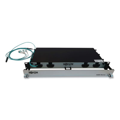 Tripp Lite 1U Preloaded Multimode Fiber Cable Panel, MTP/MPO (F) to (4) LC Duplex (M), 32.8 ft, Aqua, Ships in 7-10 Business Days (N48M4M8L410)