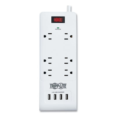 Tripp Lite Six-Outlet Surge Protector, 6 AC Outlets, 15 ft Cord, 900 J, White, Ships in 7-10 Business Days (TRPTLP64USBRA15)