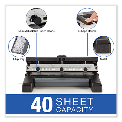 Swingline 40-Sheet Heavy-Duty Two- to Four-Hole Adjustable Heavy-Duty Paper Punch, 9/32" Holes, Black (SWI74450)