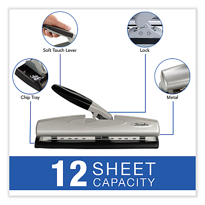 Swingline 12-Sheet LightTouch Desktop Two- to Three-Hole Punch, 9/32" Holes, Black/Silver (SWI74026)