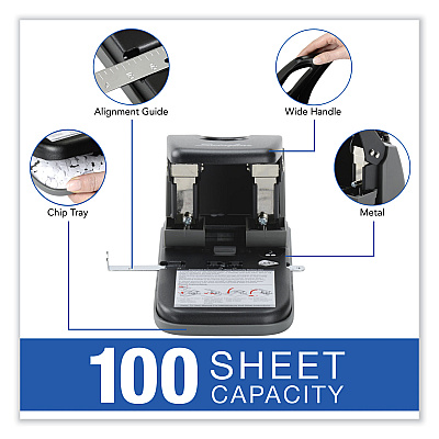 Swingline 100-Sheet High Capacity Two-Hole Punch, Fixed Centers, 9/32" Holes, Black/Gray (SWI74190)