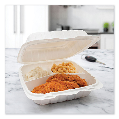 Dart Hinged Lid Containers, 3-Compartment, 9 x 8.75 x 3, White, Plastic, 150/Carton (DCC90MFPPHT3R)