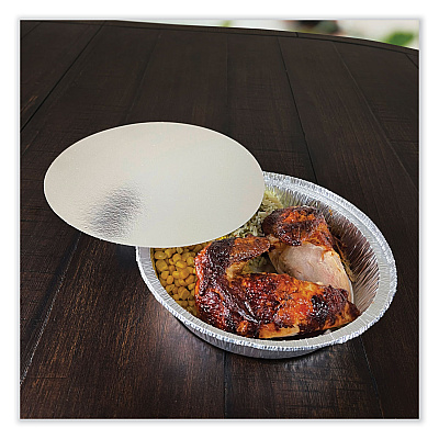 Boardwalk Round Aluminum To-Go Container Lids, Flat Lid, 9", Silver, Paper, 500/Carton (BWKROUND9FLID)