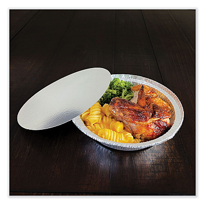 Boardwalk Round Aluminum To-Go Containers with Lid, 24 oz, 7" Diameter x 1.47"h, Silver 200/Carton (BWKROUND7COMBO)