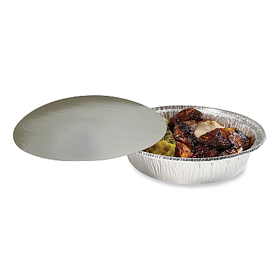 Boardwalk Round Aluminum To-Go Containers with Lid, 48 oz, 9" Diameter x 1.66"h, Silver, 200/Carton (BWKROUND9COMBO)