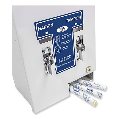 HOSPECO Dual Sanitary Napkin/Tampon Dispenser, 25 Cent Coin Mechanism, 11.13 x 7.63 x 26.38, White/Blue (HOS125)
