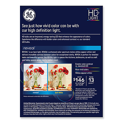 GE Reveal HD+ LED A19 Light Bulb, 11 W, 4/Pack (GEL93127996)