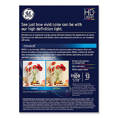 GE Reveal HD+ LED A19 Light Bulb, 8.5 W, 4/Pack (GEL93127795)