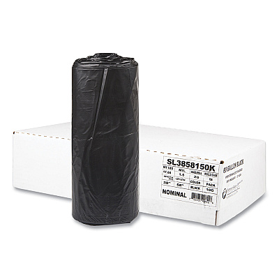 Inteplast Group Low-Density Commercial Can Liners, 60 gal, 1.5 mil, 38" x 58", Black, Interleaved Roll, 20 Bags/Roll, 5 Rolls/Carton (IBSSL3858150K)