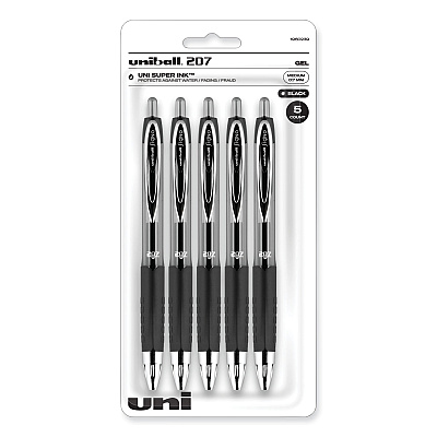 uniball Signo 207 Gel Pen, Retractable, Medium 0.7 mm, Black Ink, Clear/Black Barrel, 5/Pack (SAN1960239)