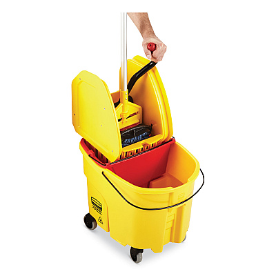 Rubbermaid Commercial WaveBrake 2.0 Bucket/Wringer Combos, Down-Press, 35 qt, Plastic, Yellow (RCPFG757788YEL)