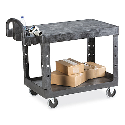 Rubbermaid Commercial Flat Shelf Utility Cart, Plastic, 2 Shelves, 500 lb Capacity, 19.19" x 37.88" x 33.33", Black (RCP450500BK)