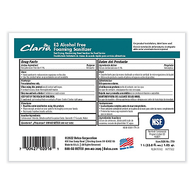 Betco Clario E3 Alcohol Free Foaming Hand Sanitizer, 1,000 mL Bag, Fragrance-Free, 6/Carton (BET7792900)