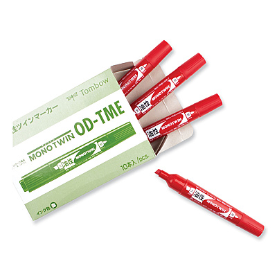 Tombow Mono Twin Bold Permanent Marker, Fine/Broad Tips, Red, 10/Box (TOM56647)