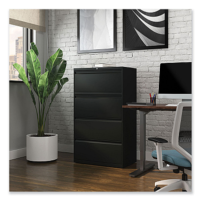 Alera Lateral File, 4 Legal/Letter-Size File Drawers, Black, 30" x 18.63" x 52.5" (ALEHLF3054BL)