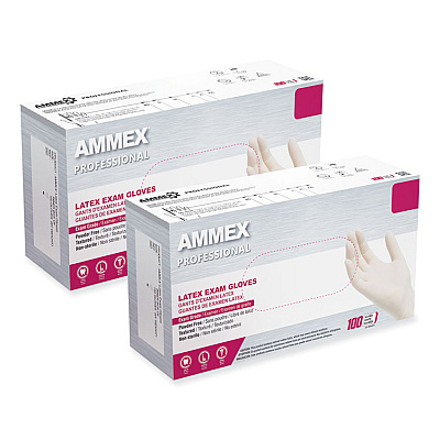 AMMEX Professional Latex Exam Gloves, Powder-Free, Small, 4 mil (Palm), 5 mil (Fingers), Ivory, 100/Box (GPPFT42100)