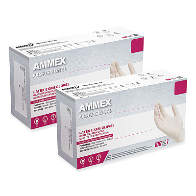AMMEX Professional Latex Exam Gloves, Powder-Free, Medium, 4 mil (Palm), 5 mil (Fingers), Ivory, 100/Box (GPPFT44100)