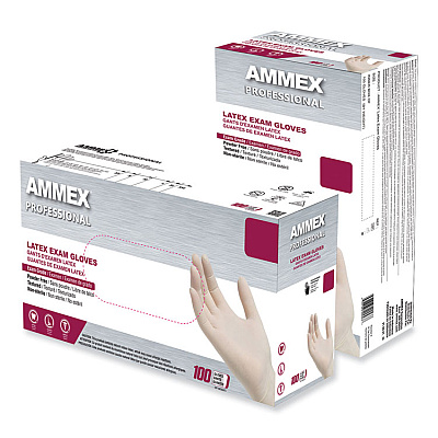 AMMEX Professional Latex Exam Gloves, Powder-Free, Large, 4 mil (Palm), 5 mil (Fingers), Ivory, 100/Box (GPPFT46100)