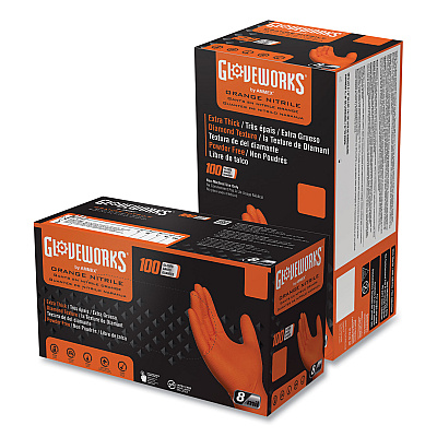GloveWorks by AMMEX Heavy-Duty Industrial Nitrile Gloves, Powder-Free, 8 mil, Medium, Orange, 100/Box (AXCGWON44100)