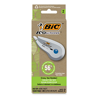 BIC Wite-Out Brand Ecolutions Correction Tape, Non-Refillable, White,  0.2" x 19.8 ft, 2/Pack (BICWOET21WHI)