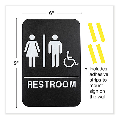 General Printing & Design Indoor/Outdoor Restroom Sign with Braille Text and Wheelchair, 6" x 9", Black Face, White Graphics, 3/Pack (EXOHD0036S)