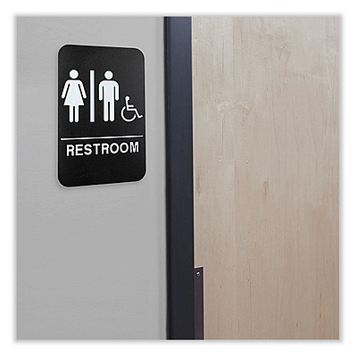 General Printing & Design Indoor/Outdoor Restroom Sign with Braille Text and Wheelchair, 6" x 9", Black Face, White Graphics, 3/Pack (EXOHD0036S)