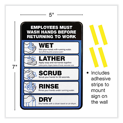 General Printing & Design Employees Must Wash Hands Indoor Wall Sign, 5" x 7", Black/Blue/White Face, Black/Blue Graphics, 2/Pack (EXOHD0171S)