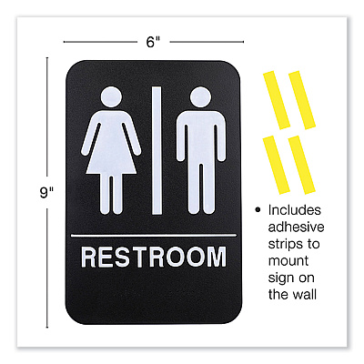 General Printing & Design Indoor/Outdoor Restroom with Braille Text, 6" x 9", Black Face, White Graphics, 3/Pack (EXOHD0275S)