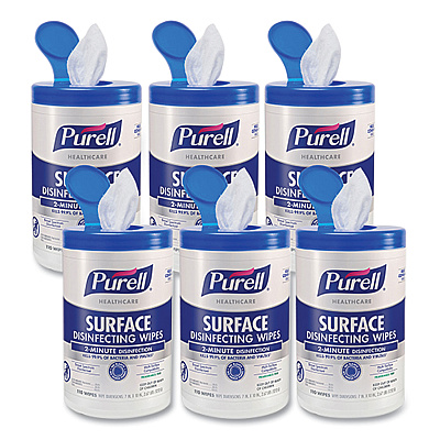 PURELL Healthcare Surface Disinfecting Wipes, 1-Ply, 7" x 10", Unscented, White, 110 Wipes/Canister, 6 Canisters/Carton (GOJ934006)