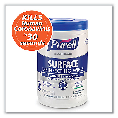 PURELL Healthcare Surface Disinfecting Wipes, 1-Ply, 7" x 10", Unscented, White, 110 Wipes/Canister, 6 Canisters/Carton (GOJ934006)