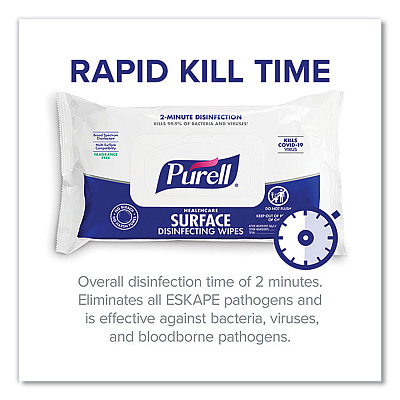PURELL Healthcare Surface Disinfecting Wipes, 1-Ply, 7" x 10", Unscented, White, 72/Pack (GOJ937012)