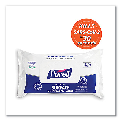 PURELL Healthcare Surface Disinfecting Wipes, 1-Ply, 7" x 10", Unscented, White, 72/Pack (GOJ937012)
