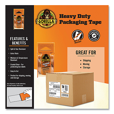 Gorilla Heavy Duty Packaging Tape with Dispenser, 1.88" x 25 yds, Clear, 4/Pack (GOR102680)