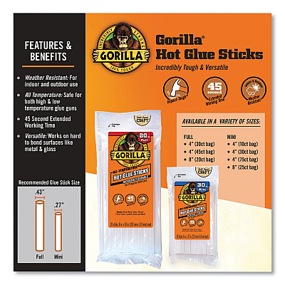 Gorilla Hot Glue Sticks, 0.43" dia x 4", Dries Clear, 45/Pack (GOR3034502)