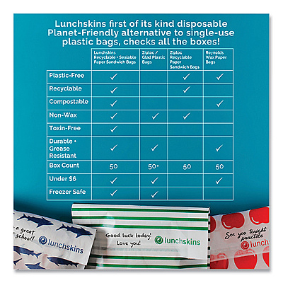 Lunchskins Peel and Seal Sandwich Bag with Closure Strip, 6.3" x 2" x 7.9", Blue Sharks/White, 50/Box (LCH854735005904)