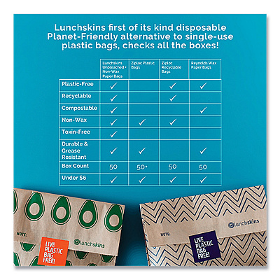 Lunchskins XL Sandwich Bag with Resealable Stickers, 7.1" x 2" x 9.1", Black Stripes/Natural Kraft, 50/Box (LCH860000586764)
