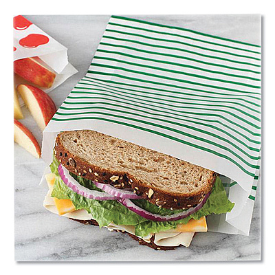 Lunchskins Paper Sandwich Bag, XL Sandwich, 7.1" x 2" x 9.4", Green Stripes/White, 50/Box (LCH865772000494)