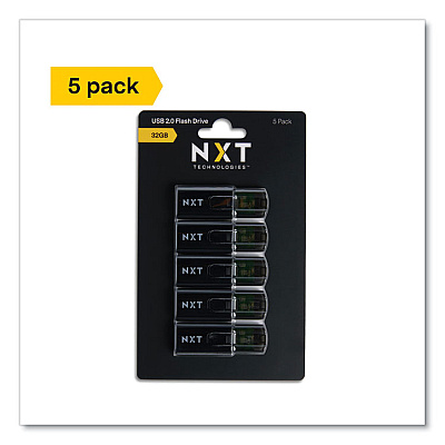 NXT Technologies USB 2.0 Type-A Flash Drive, 32 GB, Black, 5/Pack (61129)