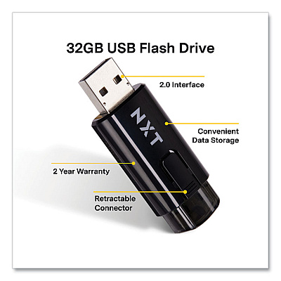 NXT Technologies USB 2.0 Type-A Flash Drive, 32 GB, Black, 5/Pack (61129)