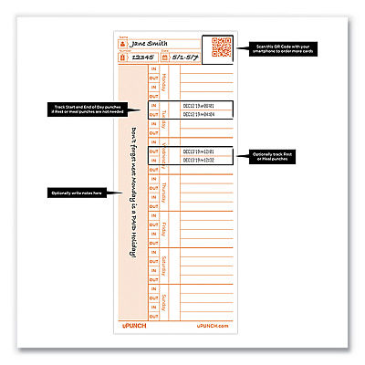 uPunch Time Card for PK1100 Time Clock, Two Sides, 3.38 x 8.25, 100/Pack (PPZC1100)