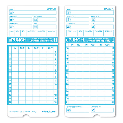 uPunch Pay-to-Punch Time Card for SB1200 Time Clock, Two Sides, 3.38 x 7.38, 100/Pack (PPZCB1100)