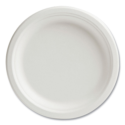 Perk PFAS-Free Compostable Bagasse Plates, 9" dia, White, 250/Pack (PRK61287)