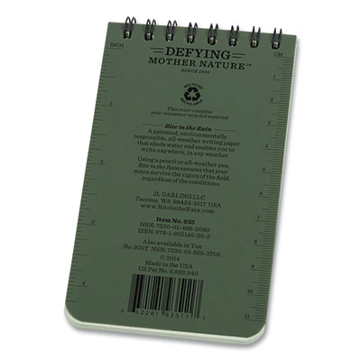 Rite in the Rain All-Weather Wire-O Notepad, Universal: Narrow Rule and Quadrille Rule, Dark Green Cover, 50 White 3 x 5 Sheets (RIR935)