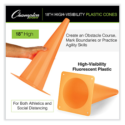 Champion Sports High-Visibility Plastic Cones, 18" Tall, Florescent Orange, 8" x 8" Base (CSITC18)