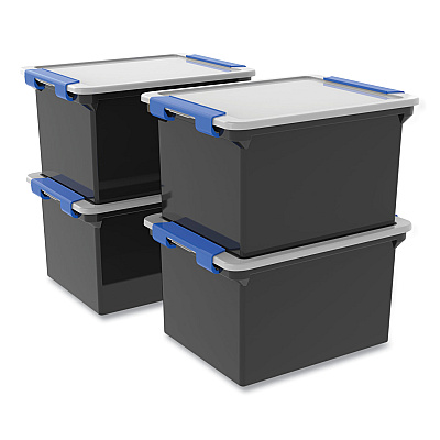 Storex Tote with Locking Handles, Legal/Letter, 13.9" x 18.3 x 10.6", Black/Silver/Blue, 4/Carton (STX61543U04C)
