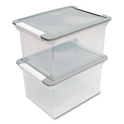 Storex Tote with Locking Handles, Legal/Letter, 13.9" x 18.3" x 10.6", Clear/Silver, 4/Carton (STX61530U04C)