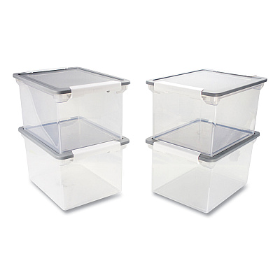 Storex Tote with Locking Handles, Legal/Letter, 13.9" x 18.3" x 10.6", Clear/Silver, 4/Carton (STX61530U04C)