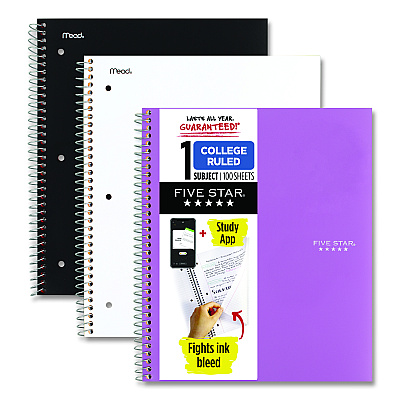 Five Star Wirebound Notebook with Two Pockets, 1-Subject, Medium/College Rule, Assorted Cover Color, (100) 11 x 8.5 Sheets, 3/Pack (MEA820188)